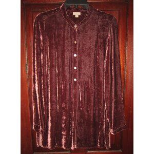 J. Jill S Button Down Tunic Blouse Shirt Top Silk Velvet Long Soft Yoke Burgundy